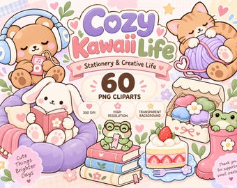 60 Cozy Kawaii Clipart Bundle PNG, Cute Animals, Stationery, Food & Drinks, Pastel Kawaii Digital Clip Art, 300 DPI Commercial Use