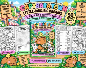 Capybara Town Coloring & Activity Book, 50 Printable Kids Activities, Community Helpers Coloring Pages, Word Search Career Puzzles