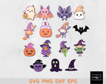 Imágenes prediseñadas de Halloween en tonos pastel / Fantasma, murciélago, bruja y calabaza kawaii (svg, png, dxf, eps)