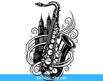 Saxophone Cityscape SVG, Jazz Music Silhouette Clipart (png, eps, dxf)