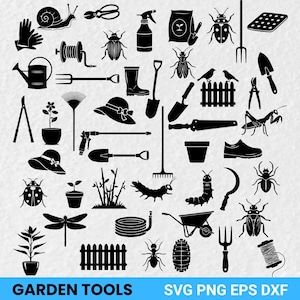 Op de afbeelding: Zwart-wit illustratie van diverse tuingereedschappen en elementen. Bevat een gieter, schop, hark, tuinhandschoenen, insecten en een kruiwagen. De tekst "GARDEN TOOLS" staat onderaan.