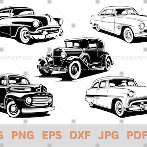 SVG Classic Cars und Trucks 10 Vektoren SVG & PNG Dateitypen Benutzerdefinierte Vintage Fahrzeuge Antike Autos Kommerzielle Verwendung für Print On Demand