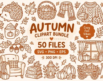 50 Fall SVG Bundle, Autumn Line Art Clipart, Hand Drawn Fall Doodles, Pumpkin, Cozy Autumn Clipart, PNG EPS, Commercial Use