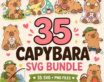 35 Capybara SVG Bundle, Cute Kawaii Capybara Clipart, Capybara PNG, Cricut Cut Files, Cute Animal SVG, Sticker Sublimation Designs