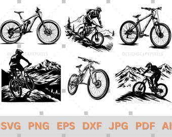 Könnte beinhalten: Ein Satz Schwarzweiß-Vektorillustrationen von Mountainbikern, die auf Trails fahren. Die Illustrationen sind im minimalistischen Stil gehalten und zeigen verschiedene Mountainbike-Posen und Landschaften.