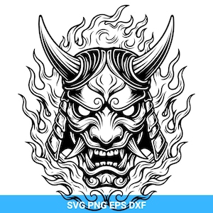 Könnte beinhalten: Schwarz-Weiß-Illustration einer Oni-Maske mit Hörnern, umgeben von Flammen. Die Maske hat einen grimmigen Ausdruck mit scharfen Zähnen und detaillierten Gesichtszügen. Der Text "SVG PNG EPS DXF" ist unten abgebildet.