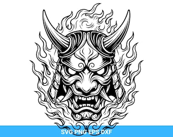 Samurai Oni Mask SVG Png EPS DXF | Japanese Demon Mask Clipart | Oni Tattoo Design | Cricut Silhouette Cut File