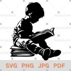 Boy Reading Book Silhouette: SVG, PNG, PDF, Cricut Vector File (Digital Download)
