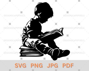 Boy Reading Book Silhouette: SVG, PNG, PDF, Cricut Vector File (Digital Download)
