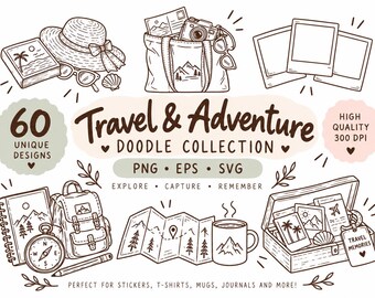 60 Travel & Adventure Doodle Clipart Bundle, Vacation Line Art, Travel Clip Art, Hand Drawn Doodles, PNG SVG EPS, Commercial Use