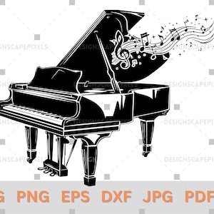 May include: A black and white silhouette of a grand piano with the lid open. Musical notes are flowing out of the piano, creating a whimsical design.