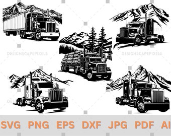 Semi Truck Mountain Silhouette Vector: SVG, PNG, PDF (Digital Download)