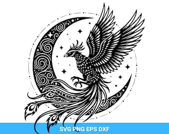 Phoenix Crescent Moon SVG: Mystical Bird Silhouette Clipart (Digital Download)