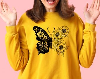 Butterfly Sunflower SVG: Floral Clipart, T-Shirt Design (Digital Download)