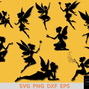 Pode incluir: Imagens de silhuetas pretas de fadas em várias poses, incluindo sentadas em uma lua crescente, segurando varinhas e flutuando. O fundo é um padrão de losangos amarelos. O texto na parte inferior diz "SVG PNG DXF EPS".