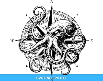 Kraken Compass Rose SVG Png EPS DXF | Octopus Nautical Clipart | Sea Monster Cutting File for Cricut Silhouette
