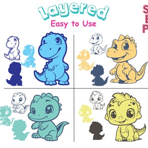 SVG ベビー恐竜レイヤードバンドル Cricut 用 SVG カットファイル シルエット かわいいベビー恐竜クリップアート PNG ジュラ紀の動物 ベビー恐竜レイヤード svg