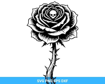 May include: Black and white illustration of a rose with a skull in the center. The rose has detailed petals and a thorny stem. The image includes the text "SVG PNG EPS DXF" at the bottom.