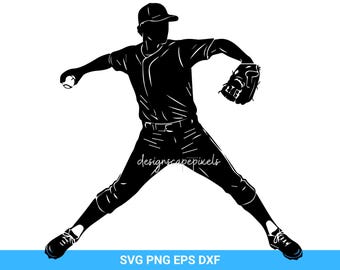 May include: Black and white silhouette of a baseball pitcher in action, poised to throw the ball. The image shows the player in a dynamic pose, with the ball in one hand and a glove on the other. The text "designscapepixels" is visible.