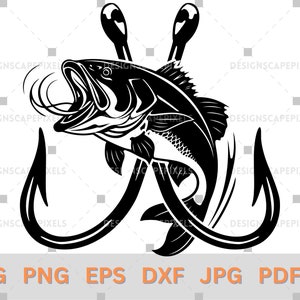 Puede incluir: Ilustración en blanco y negro de un pez enganchado en dos anzuelos. El pez está mirando hacia el lado izquierdo de la imagen y tiene la boca abierta.