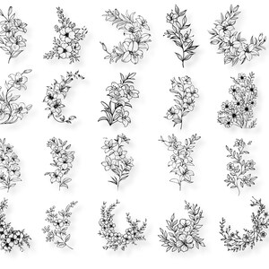 Op de afbeelding: Een set van 20 zwart-wit lijntekeningen van bloemstukken. De bloemen zijn getekend in een eenvoudige, elegante stijl en zijn perfect voor gebruik in huwelijksuitnodigingen, wenskaarten of andere projecten.