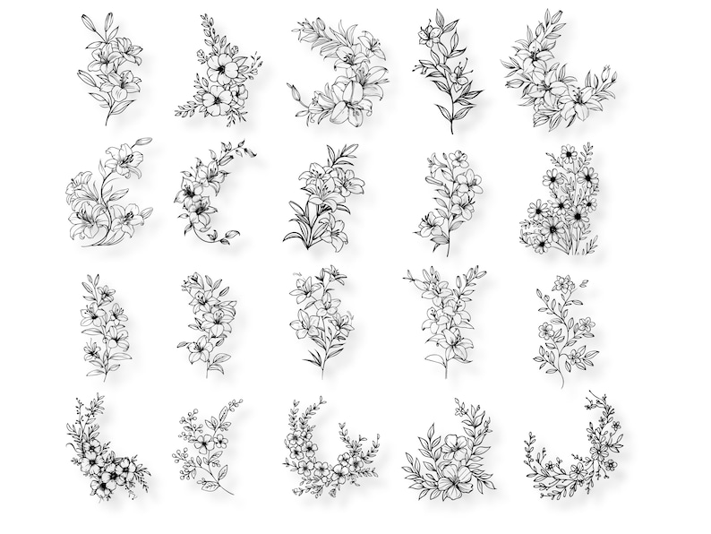 Op de afbeelding: Een set van 20 zwart-wit lijntekeningen van bloemstukken. De bloemen zijn getekend in een eenvoudige, elegante stijl en zijn perfect voor gebruik in huwelijksuitnodigingen, wenskaarten of andere projecten.