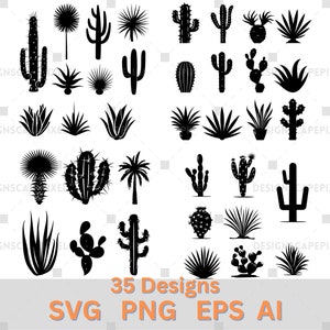 May include: A set of 35 black and white silhouette illustrations of various cacti and succulents. The illustrations are perfect for crafting, scrapbooking, and digital design projects.