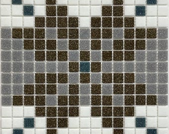 Snowflake Mosaic Tile Sheet: Brown, Blue, and White Vitreous Glass