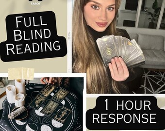 May include: A tarot card reader offers a full blind reading with a 1 hour response time. The image shows a person holding a spread of tarot cards and a black tablecloth with a moon and star design with tarot cards laid out on it.