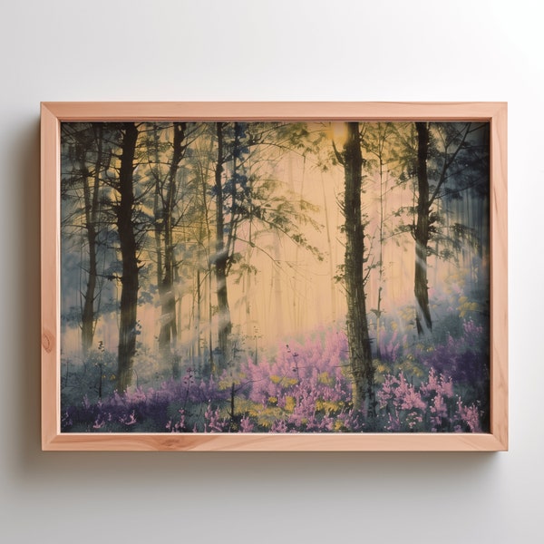 Tranquil Woodland: Purple Flowers and Sunlit Trees