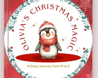May include: A children's book cover with a watercolor illustration of a penguin wearing a red scarf and hat. The book title is "Olivia's Christmas Magic" in a circular design, with the subtitle "A Cozy Journey from A to Z" below the penguin.