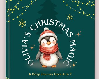 May include: A children's book cover with a teal background. The title "Olivia's Christmas Magic" surrounds a watercolor illustration of a penguin wearing a red scarf and hat. The text "A Cozy Journey from A to Z" is at the bottom.