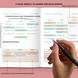 May include: A two-page weekly planner open to a spread for January 2025. The left page shows a weekly overview with maximized writing space. The right page has a weekly mood check-in. A hand holds a pen over the planner.