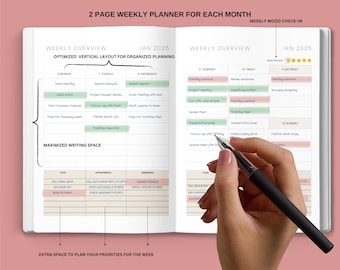 2025 Pink Leaves Planner: Weekly Monthly, Hardcover 8.5"x11"