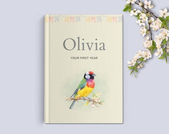 Personalized Baby Memory Book,  First Year Baby Book, Watercolor Bird Baby Gift, Custom First Birthday Gift, Gouldian Finch Keepsake,