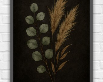 Impresión de eucalipto y hierba de la pampa: Arte mural botánico oscuro (descarga digital)