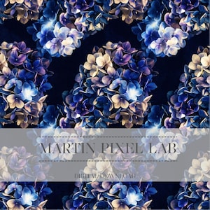 Könnte beinhalten: Ein nahtloses Muster mit Büscheln blauer, violetter und cremefarbener Hortensienblüten vor einem dunkelblauen Hintergrund. Der Text "MARTIN PIXEL LAB" und "DIGITAL DOWNLOAD" ist enthalten.