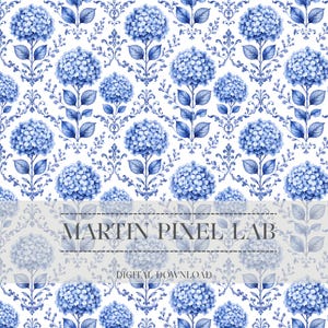 May include: A seamless pattern featuring blue hydrangea flowers and decorative flourishes on a white background. The image includes the text "MARTIN PIXEL LAB" and "DIGITAL DOWNLOAD". The floral design is suitable for various digital applications.