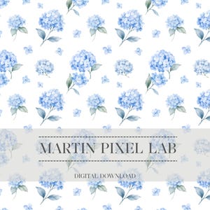 May include: A seamless pattern featuring watercolor illustrations of blue hydrangea flowers and leaves on a white background. The image includes the text "MARTIN PIXEL LAB" and "DIGITAL DOWNLOAD".