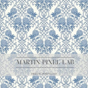 May include: A repeating pattern featuring blue hydrangea flowers and intricate scrollwork on a cream background. The text MARTIN PIXEL LAB and DIGITAL DOWNLOAD is centered in a semi-transparent gray rectangular overlay across the middle.