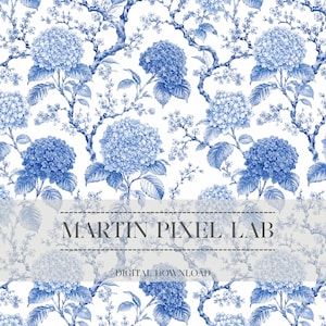 Puede incluir: Patrón continuo de flores de hortensia azules y ramas sobre fondo blanco. El diseño incluye el texto "MARTIN PIXEL LAB" y "DIGITAL DOWNLOAD". El patrón floral es adecuado para varios proyectos de diseño.
