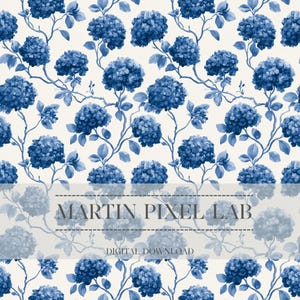 May include: A seamless pattern featuring dark blue hydrangea flowers and stems on a cream background. A semi-transparent grey overlay displays the text MARTIN PIXEL LAB and the words DIGITAL DOWNLOAD in a clean, dark grey sans-serif font.