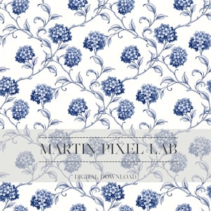 Könnte beinhalten: Ein nahtloses Muster mit blauen Hortensienblüten und Blättern auf weißem Hintergrund. Das Design enthält den Text "MARTIN PIXEL LAB" und "DIGITALER DOWNLOAD". Das Blumenmuster eignet sich für verschiedene digitale und gedruckte Anwendungen.