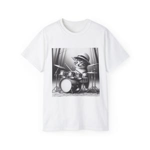 Cat Drummer Tee, Funny Kitten Playing Drum Set Shirt, Music Lover Gift, Animal Graphic Tee, Drummer Gift for Men Women, Unisex Cotton