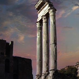 May include: A vertical image of ancient Roman ruins featuring three tall, fluted columns with ornate capitals. The columns stand against a dramatic sky with shades of blue, orange, and purple. The ruins are weathered and show signs of age.