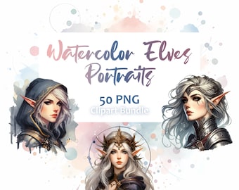 Watercolor Elves Portrait Clipart: Fantasy PNG Bundle (Commercial Use)