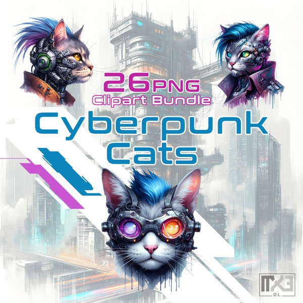 Cyberpunk Cats Clipart PNG Bundle, Futuristic Techno Neon Clip Art Elements for Sci-fi Designs, Instant Download for Cyber Urban Art