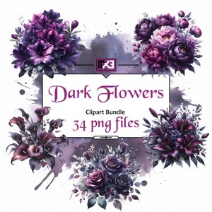 Dark Purple Blumen Clipart Bundle - Modische PNG Elemente für digitale Kunst! Sofortiger Download von Bildern, perfekt für Gothic Designs.