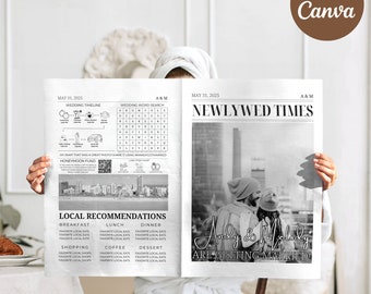 Newspaper Wedding Program Template, Editable Newspaper Wedding Ceremony Program, Modern Wedding Infographic Program, Instant Download, Canva