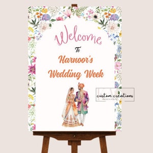 Customizable Indian Punjabi Wedding Welcome Sign, Floral Wedding Week welcome sign, Sikh Wedding Welcome Sign, Porch Wedding Welcome Sign